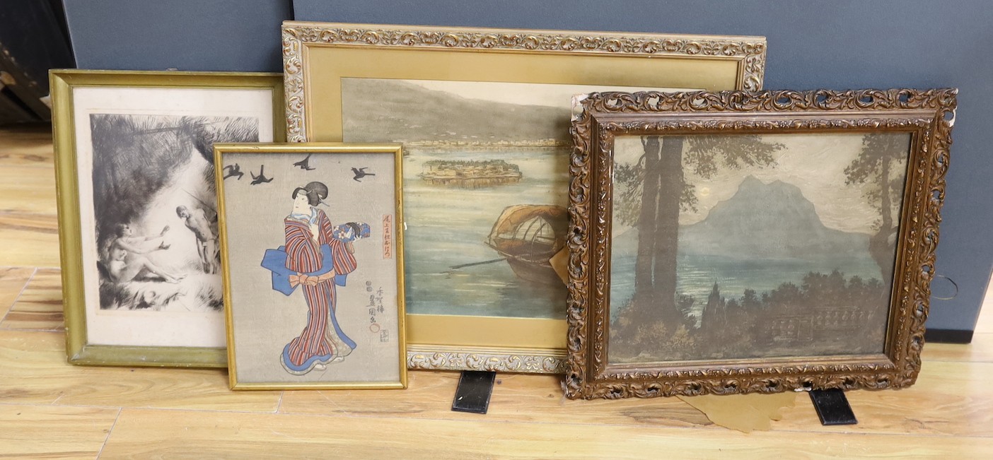 Four various framed prints including one signed. Largest 35x48.5cm